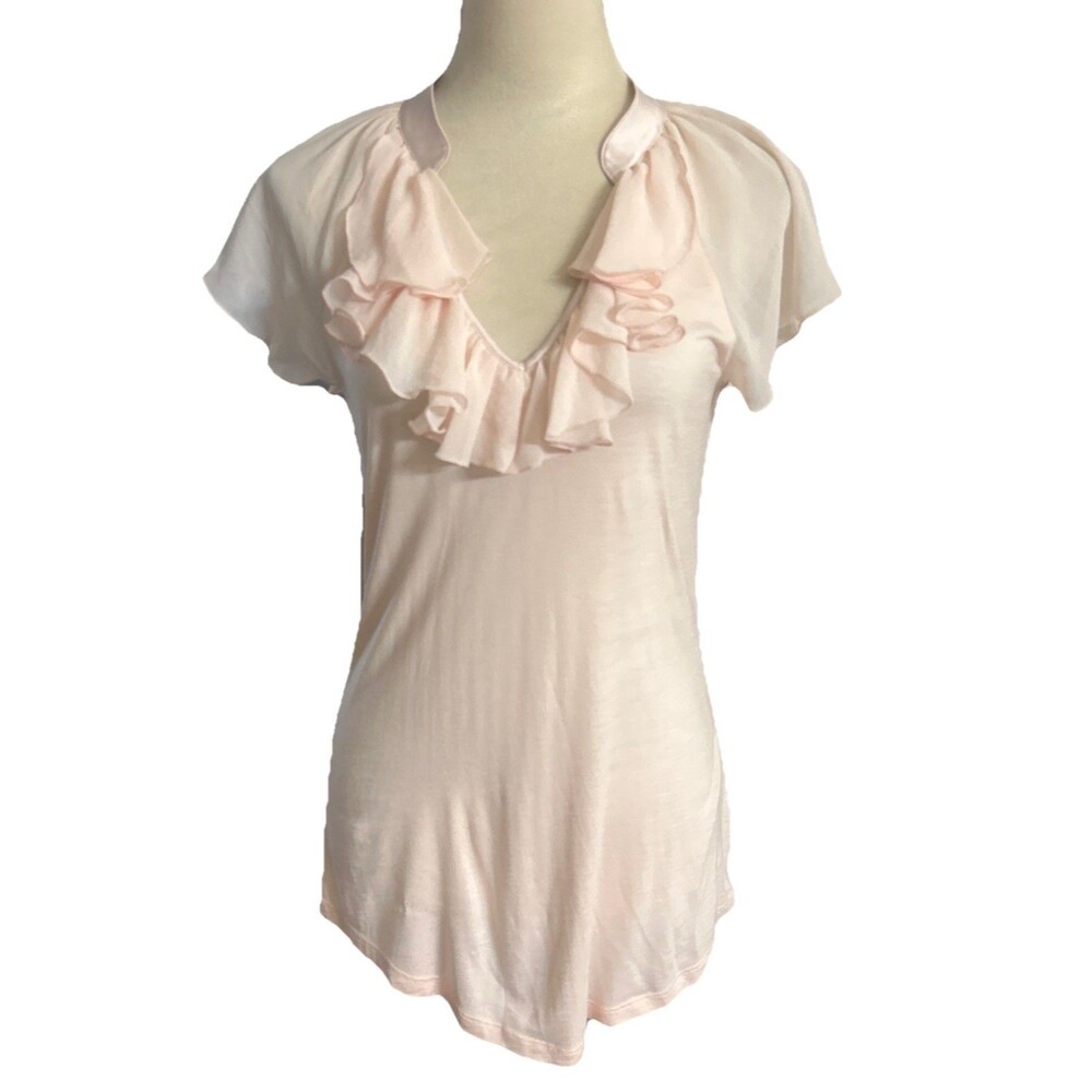 Express Womens M Ruffle V Neck Peach Top Short Sleeves Fitted Pullover Y2K